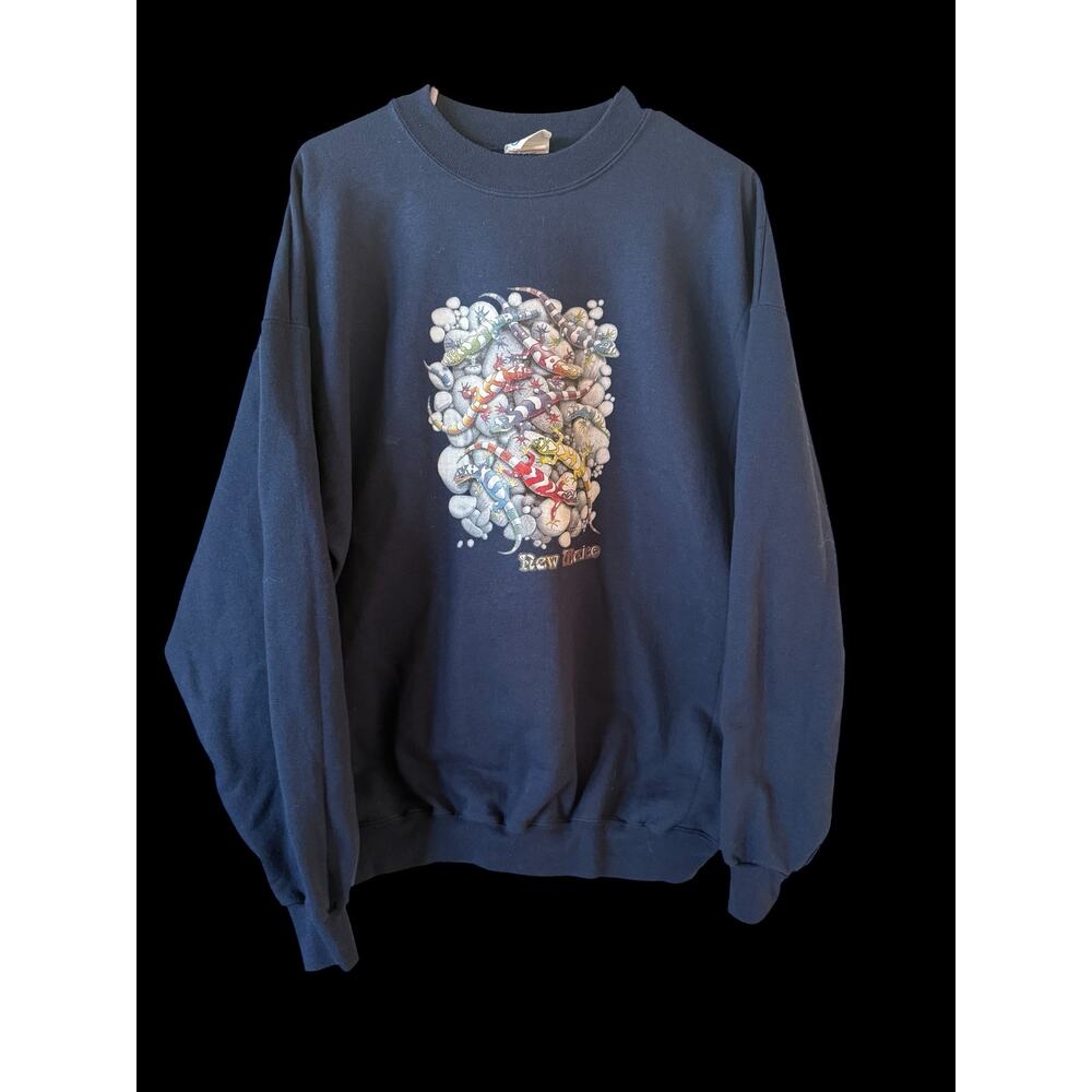 Vintage Navy 90s Single Stitch 3D graphic Lizard Print New Mexico Pullover XL A7